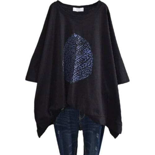 Women T-shirt Short Sleeve O Neck Leaf Print Irregular Hem Loose T-Shirts Summer Oversized womens Tops 4XL