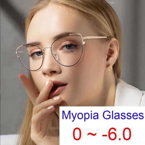Feminine Optical Myopia Glasses Women Fashion Brand Design Sexy Eyeglasses Frame Metal Cateye Anti Blue Light Glasses 0 to -6.0