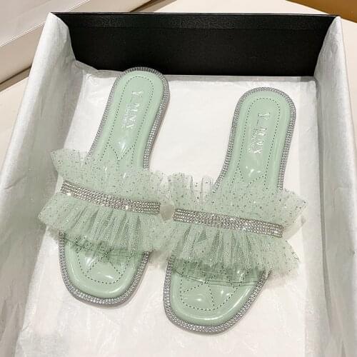 Student summer new style fairy style flat slippers female outer wear lace rhinestone one-word drag open-toed sandals X768