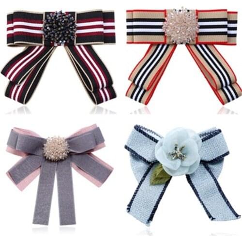 Women Girl Neck Bow Tie Knot Shirt Pins Fall Vintage Striped Flower Crystal Fabric Accessories Fashion Jewelry-MYD-W8