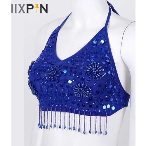 Stage Performance Costume Belly Dance Crop Top Women Latin Sequin Halter Lace-up Padded Bra Top Bead Tassel Brassiere Club Party