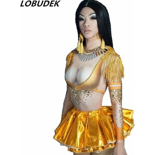 Nightclub Sexy Mini Dress Women Dancer Stage Wear Orange Crystals Sequins Short Dress Bar Party DJ Singer Performance Costume