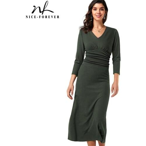 Nice-forever Autumn Solid Color with V neck Office Dresses Business Formal Party A-Line Women Flare Dress A235