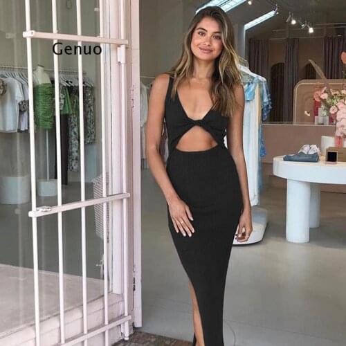 Sleeveless Hollow Out Slit Sexy Maxi Dress Summer Women Fashion Streetwear Outfits Sundress
