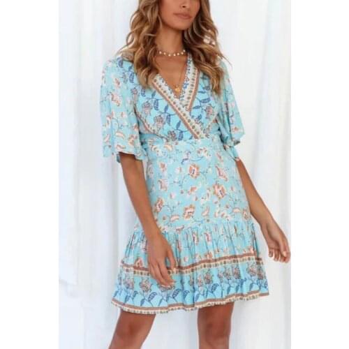 Autumn Women Dress 2021 Print Color High Waist Lace-Up Sexy V-Neck Chiffon Short Sleeve Spring Mini Female Vestido C2935
