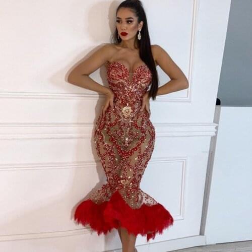 Embellishment Mermaid Evening Dress Beading Evening Dresses Feathers Vestido De Festa Awesome Crystal Formal Gown Midi Length