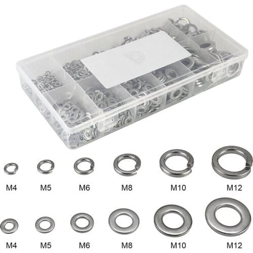 790pcs Flat Washer M4 M5 M6 M8 M10 M12 Stainless Steel Spring Washers Flat Round Washers Gaskets Locking Ring Assortment Kit