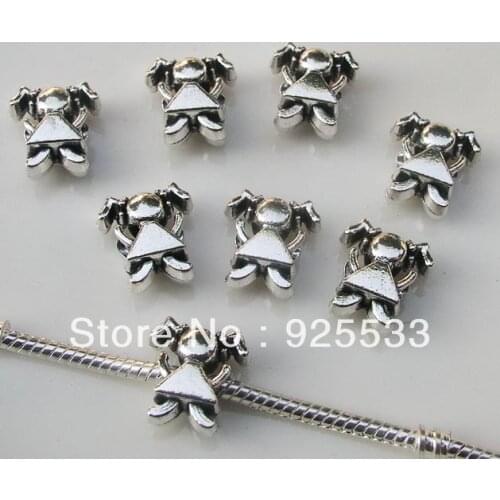 Free shipping 50pcs/lot 13x13mm big hole antique girl metal beads fit European bracelet jewelry DIY