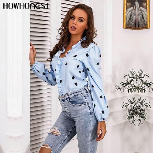 Za 2021 Spring Summer Fashion Casual V Neck Wood Ear Star Pattern Blouse Female Lantern Sleeve Oversized All Match Tops Women
