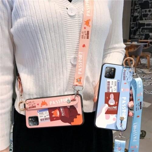 For iPhone SE 2020 11 Pro Xs Max Cute Fox Rabbit Wrist Strap Case With Lanyard Necklace Shoulder Strap For iPhone6 7 8 Plus X Xr