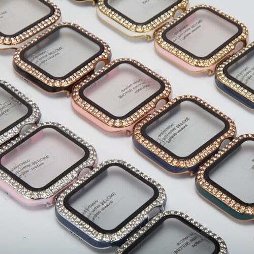 Diamond case+tempered film for Apple watch case 44mm 42mm 40mm 38mm Double row diamond replacement case For iwatch 6 5 4 3 2 SE