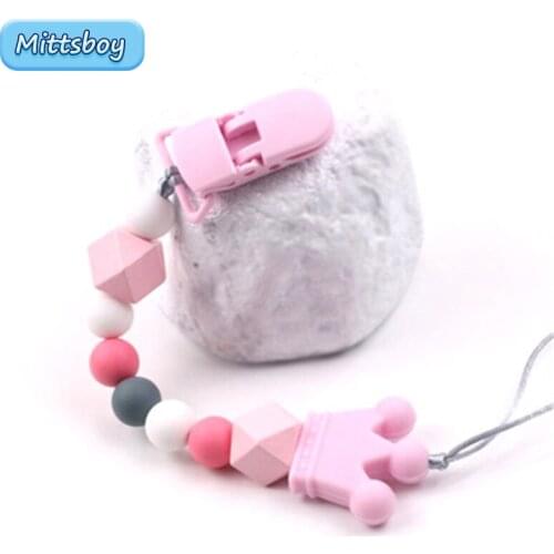 Baby Boy Girl Pacifier Holder Chain Food Grade Chew Silicone Beads Blue Crowns Infant Pacifier Clip For Newborn Shower Toy Gift