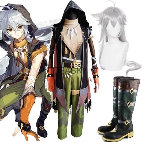 Genshin Impact Razor Leizei Game Suit Uniform Legend of Running Wolf Collar Cosplay Costume Halloween Outfit Men wig shoes boots