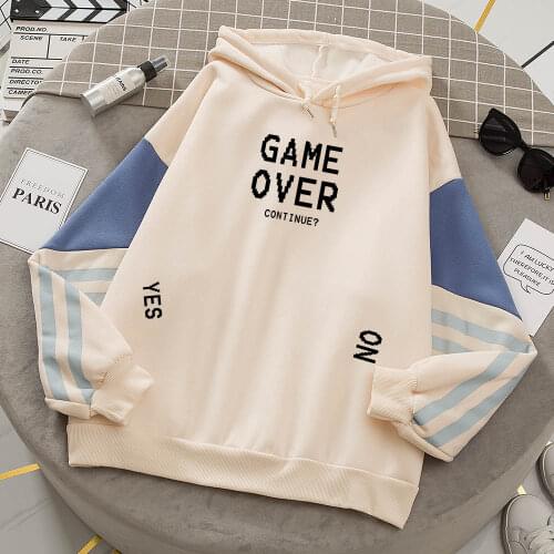 GAME OVER Letter Print Hoodie Oversized Sweatshirt Pullover Patchwork Women Sweatshirts Korean Hoodies Casual Harajuku Clothing