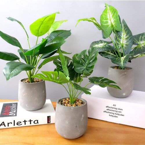 Artificial Potted Plant Bunting Leaves Real Touch Stem Decorated Flower Cement Pot Faux Silk Leafs Covered with Simulation Stone