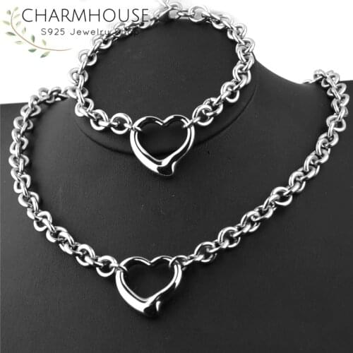 Charmhouse Pure Silver Jewelry Sets For Women Heart Pendant Necklace Bracelet 2pcs Fashion Jewellery Set Accessories Bijoux Gift