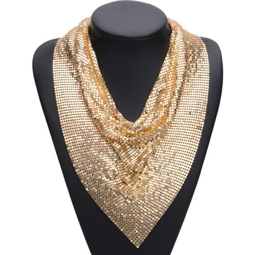 Fashion Jewelry Accessories Golden&Black Colors Sequins Fish Scales Shape Scarf Bib Choker Collar Statement Necklace for Women
