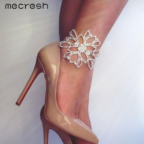 Mecresh Silver Color Crystal Bracelets for Women Floral Bridal Ankle Bracelets & Bangles Wedding Engagement Jewelry SL009