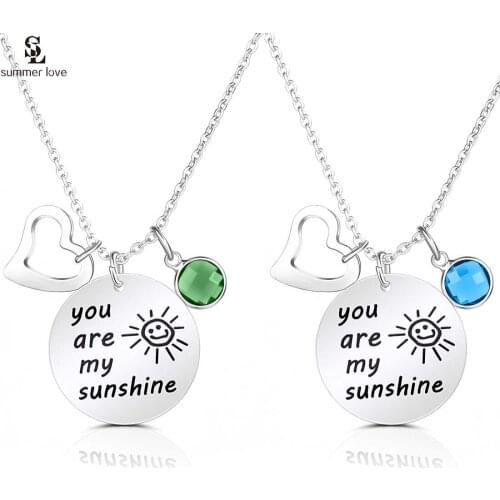Fashion Round Pendant Crystal Birthstone Necklace Women You are my sunshine Engraved Stainless Steel Necklaces Jewelry Gifts
