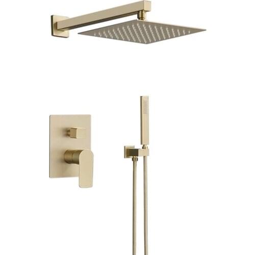 Bathroom Shower Set Ceiling Shower Brushed Gold Rainfall Shower Faucet Wall Mounted Shower Mixer Square Showerhead Multifunction