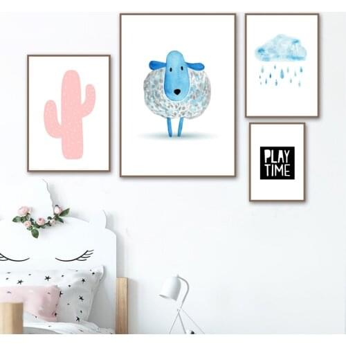 Wall Art Canvas Painting Cactus Cloud Sheep Quotes Cartoon Animal Nordic Posters And Prints Wall Pictures Kids Room Home Decor