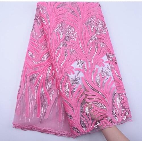 Latest African Lace Fabric 2020 High Quality Velvet Lace With Sequins Pink Nigerian Lace Fabrics For Wedding Dress 5 Yards S1841
