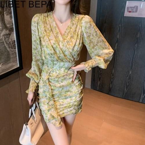 2021 New Womens Autunm Dresses Floral Printed High Waist Package Hip Elegant Fashionable Vintage Wild Lady Mini Dresses DR1678
