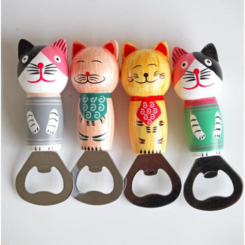 New Creative Wooden Multi-Purpose Cartoon Cat Beer Bottle Opener Magnetic Refrigerator Magnet