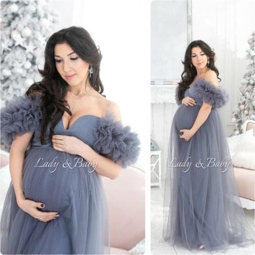 Romantic Pregnancy Photoshoot Dress Babyshower Off the Shoulder Grey Maternity Gown for Photography Ruffles Women Dress