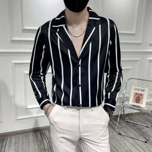 Brand Striped Printing Men Long-sleeved Slim Shirt Casual Men Black White Shirt For Men Business Dress Top Formal Shirts For Men