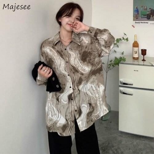 Shirts Women Vintage Loose Printed Elegant Trendy Leisure Stylish Ulzzang Korean Style Womens Female Streetwear Casual Daily New