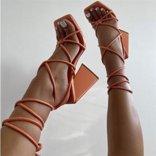 Square Toe Ladies Strange Heel Sandals Narrow Band Ankle Strap Female Pumps High Heel Lace Up Gladiator Shoes Zapatos Mujer