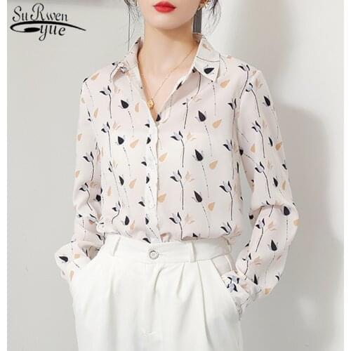 Printed Chiffon Blouse 2021 Autumn Long Sleeve Womens Shirts Vintage Fashion Lapel Office Lady Tops Female Ropa De Mujer 11462