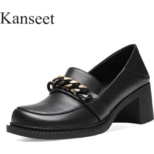 Kanseet 2021 Spring Real Leather Women Block Heels Pumps Mid Heels Shoes Cow Leather Chain Round Toe Shoes Ladies Black Footwear
