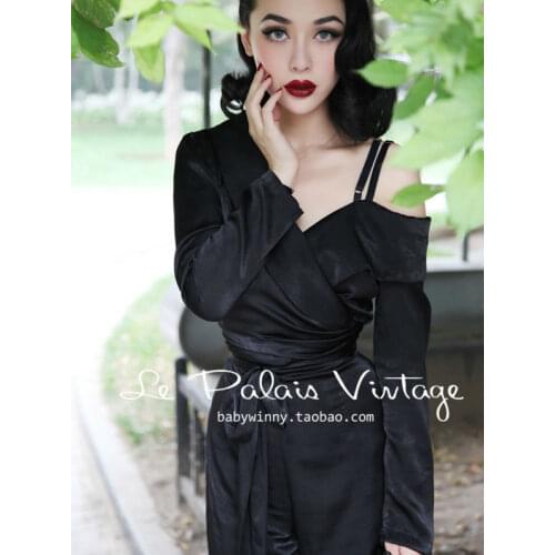 Le Palais Vintage elegant retro street fashion all-match silk hang down shoulder wide leg trousers/jumpsuit/Wide leg pants