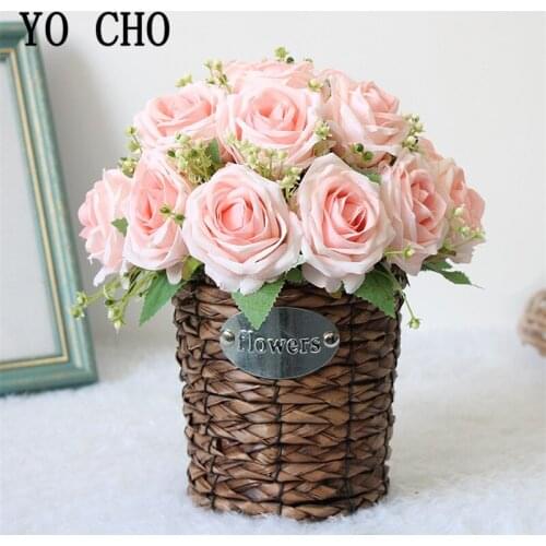 YO CHO 9 Heads Roses Big Artificial Flowers White Pink Gypsophila Silk Fake Flowers Bouquet Faux Flowers DIY Home Wedding Decor