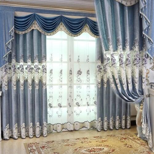 Embroidered Curtains for Living Dining RoomBedroom Luxury Villa Water-soluble Hollow Italian Velvet Jacquard Blue Flower Curtain