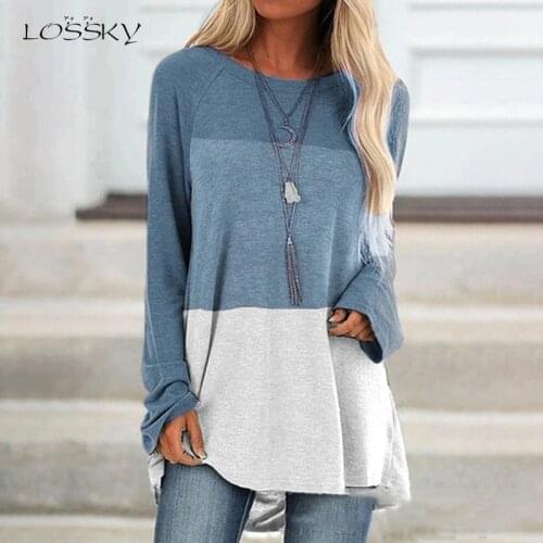 Lossky T Shirts Plus Size Tops Vogue Women Long Sleeve Color Stitching Casual Fall Clothes Oversized Tee Shirt Femme 2019 Blusas