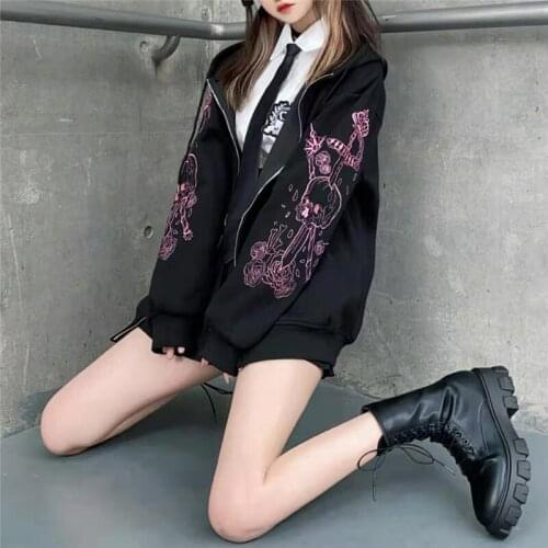 90s Zip-up Embroidery Loose Hoodie Skull 2021 Korean Fashion Women Autumn Punk Sweatshirt Y2k Harajuku Goth Streetwear Clothes