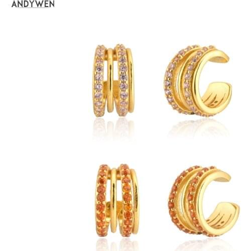 ANDYWEN 925 Sterling Silver Gold Pink Orange Zircon Gems Women Earcuff Earring Cuff Without Piercing Clips Ear Cuff Earring