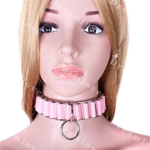 Female Bondage Woven Pink Leather Over Metal Collar Neck Restraint with Ring Fetish Slave Link Trainer Toy