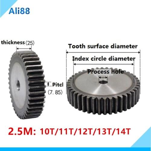 1pcs 2.5 Mold 10T -14T Cylindrical gear 45# steel spur gear transmission pinion straight gear is gear 25mm thickness