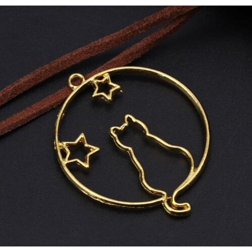 6 Pcs/Set Metal Frame DIY Jewelry Necklace Pendant Gold Kitten Cat Cute Hollow Frames Resin Tools Accessories Handmade Decor