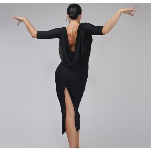 Black backless sexy latin dance dress woman rumba samba costume sexy Perspective stitching salsa dress competition costume