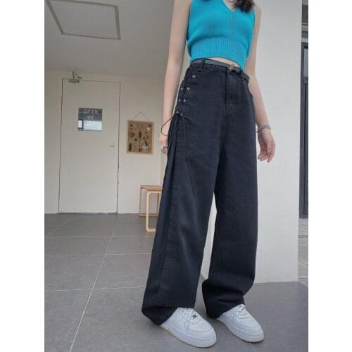 Black high waist jeans womens niche design side strap straight jean chic show slim