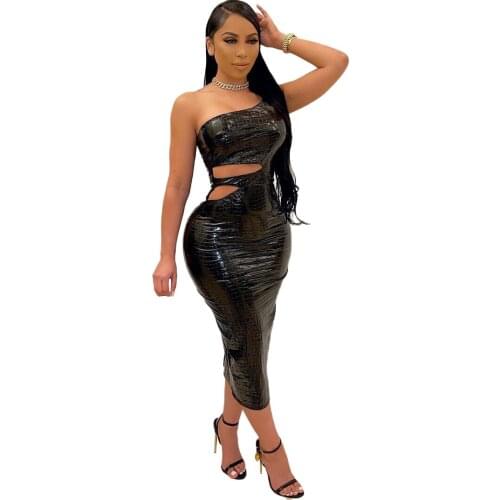 Elegant Black PU Leather Long Women Summer Dress Sexy One Shoulder Hollow Out Slit Bodycon Club Party Dress Robe Femme Clothing