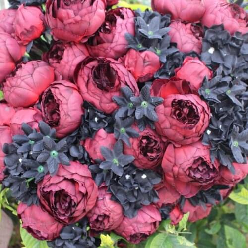 Simulation 12 Peony Bouquet Home Office Wedding Photography Holiday Decoration Silk Rose Handmade Black Crimson Fake Flower