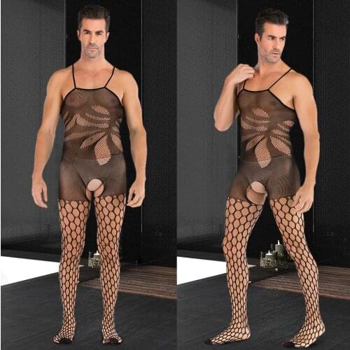 1PC Mens Sentiment Hollowed Out Black Sexy Perspective Net Intimates sexy men Sling jumpsuit Fishnet stockings Sissy fashion T3