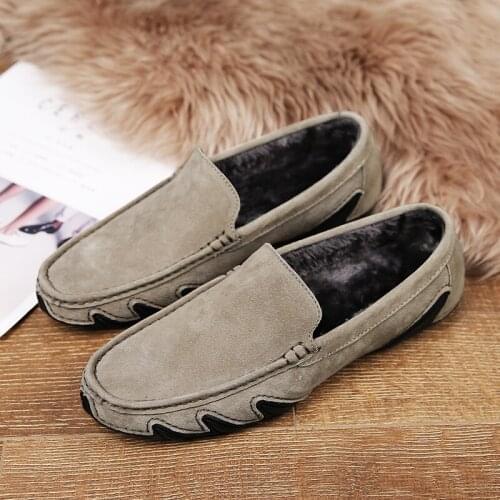 Men Warm Plush Fur Loafers Male Soft Moccasins High Quality Autumn Winter Suede Leather Shoes Men Warm Flats Driving Sneakers