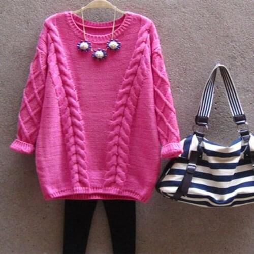 2021 New Korean Version Loose Large-Size Round-neck Twist Sweater Medium and Long Knitted Bottom Blouse for Women